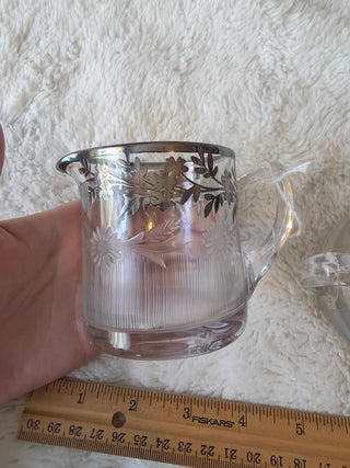 Vintage Clear Glass Creamer & Sugar Bowl Set Wtched Glass With Silver Overlay