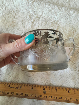 Vintage Clear Glass Creamer & Sugar Bowl Set Wtched Glass With Silver Overlay
