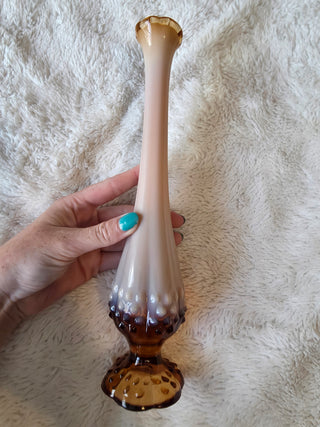 Vintage Fenton Brown Cream Hobnail Opalescent Swung Art Glass Vase 10