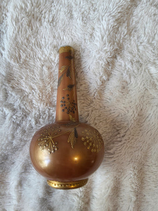 Antique Art Nouveau Iridescent Luster Porcelain Vase With Butterfly And Leaf