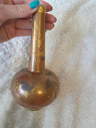 Antique Art Nouveau Iridescent Luster Porcelain Vase With Butterfly And Leaf