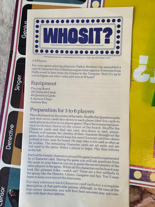 Whosit? Who's It Board Game 100% COMPLETE Parker Brothers Mystery Guessing, NICE