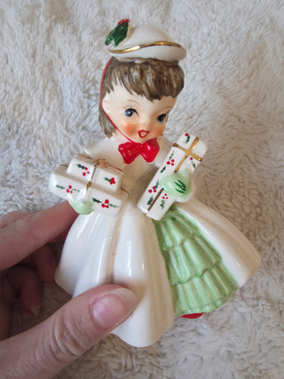 Vintage Napco Christmas Shopper Girl Figurine Kitsch 1956 Holiday Great Shape