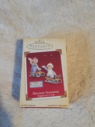 Hallmark Keepsake Raggedy Ann & Andy Holiday Sledding Ornaments Set 2005