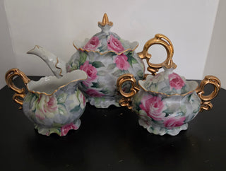 Teapot/Creamer/Sugar Blue/Pink Roses