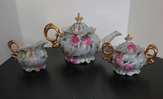 Teapot/Creamer/Sugar Blue/Pink Roses