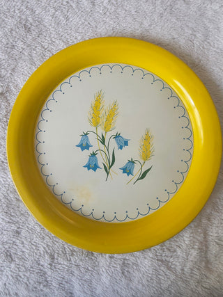 Vintage Sunny Yellow w Blue Bell Flowers & Wheat Round Metal Serving Tray Platte