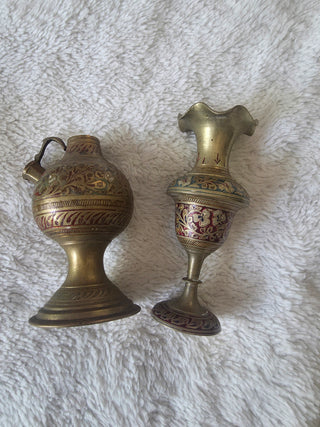 Vintage Brass Etched Bud Vase And Pitcher Set Engraved Floral Design