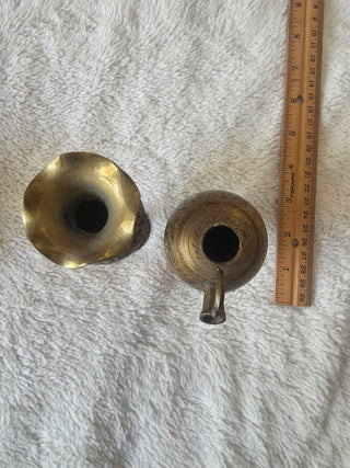 Vintage Brass Etched Bud Vase And Pitcher Set Engraved Floral Design