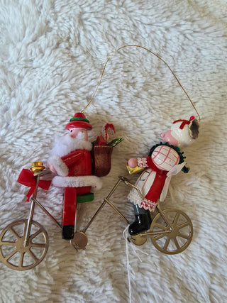 Vintage 80s Kurt Adler Christmas Santa & Mrs Clause Tandem Bicycle  Ornament