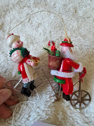 Vintage 80s Kurt Adler Christmas Santa & Mrs Clause Tandem Bicycle  Ornament
