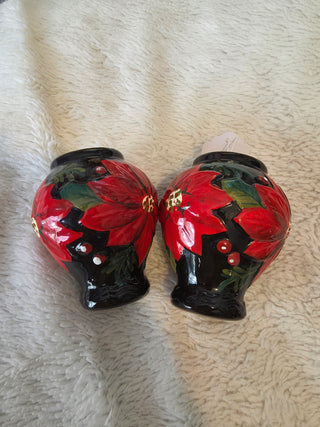Vintage Ceramic Poinsettia Floral Salt & Pepper Shakers Set of 2
