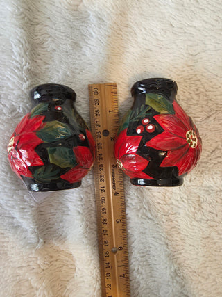 Vintage Ceramic Poinsettia Floral Salt & Pepper Shakers Set of 2