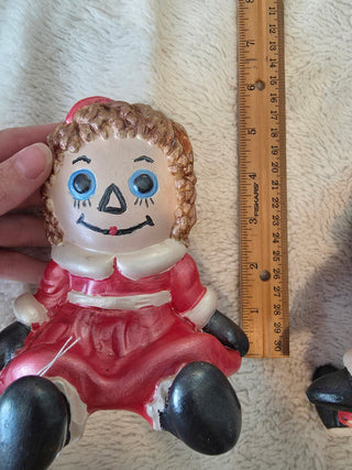 Vintage 1978 Raggedy Ann And Andy Christmas Ceramic Figurines Hand Painted Set