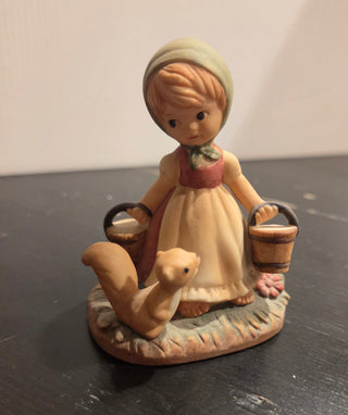 Girl, buckets, Squirrel Figurine