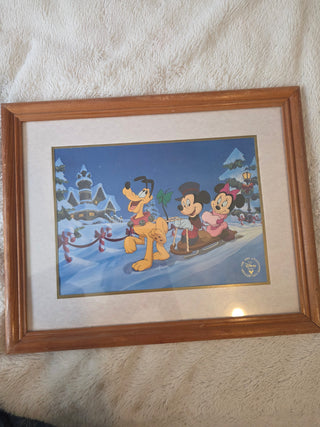 christmas disney mickey, minie and Pluto  perfect for Christmas decor  framed  in good condition  see pictures for measurements