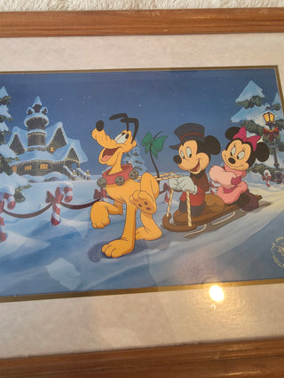 christmas disney mickey, minie and Pluto  perfect for Christmas decor  framed  in good condition  see pictures for measurements