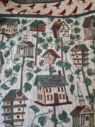 Quality Tapestry Throw Blanket Bird House Garden Ivy Birds Cottage Basket