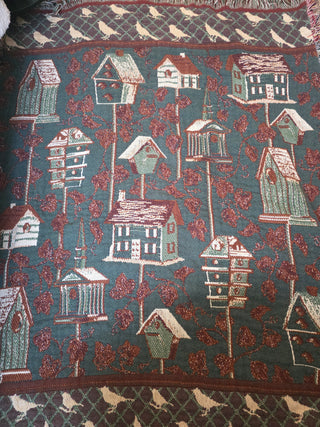 Quality Tapestry Throw Blanket Bird House Garden Ivy Birds Cottage Basket