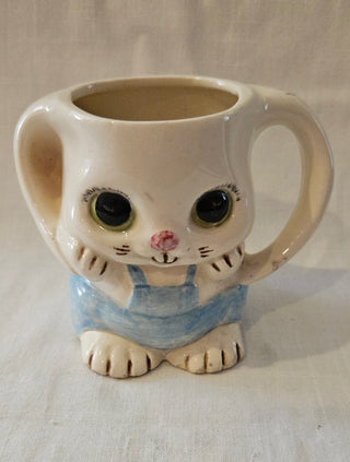 Hand Painted Ceramic Bunny Mug Blue Overalls