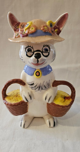 Whimsical Vintage Ceramic Cat with Flower Hat