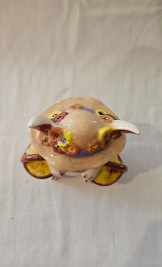 Whimsical Vintage Ceramic Cat with Flower Hat