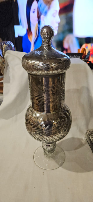 Tall Etched Mercury Glass Lidded Urn