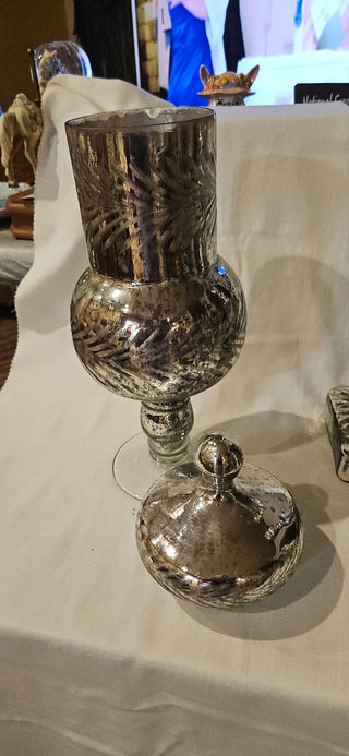 Tall Etched Mercury Glass Lidded Urn
