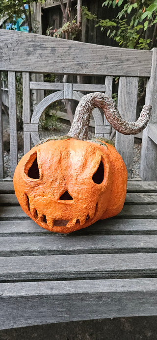 JOURNAL JUNCTION JACK-O’-LANTERN JACK #3  13" × 13" • HANDCRAFTED PAPER MACHE INCLUDES LED TEALIGHT