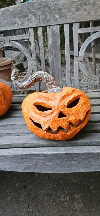JOURNAL JUNCTION JACK-O’-LANTERN JACK #2  12" × 12" • HANDCRAFTED PAPER MACHE INCLUDES LED TEALIGHT