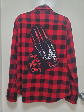 "Ready or Not" Upcycled Horror Flannel Shirt