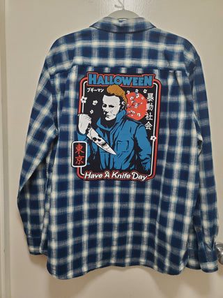 Upcycled "Have a Knife Day"  Plaid Shirt
