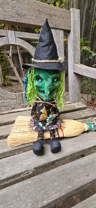 Handmade Paper Mache Witch Doll Halloween Decor