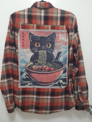 Black Cat Eating Ramen Upcycled Flannel Shirt