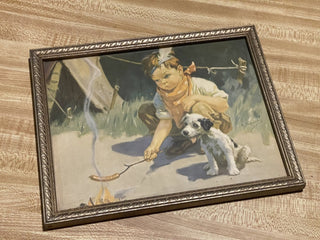 8"x10" Vtg Framed Curtis Pub. Print, Boy/ Dog Camp--SP RCD