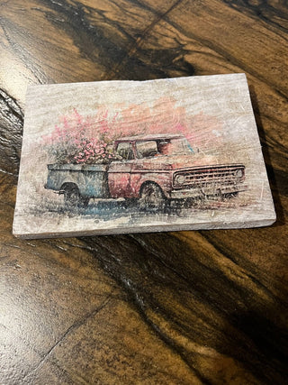 Rustic Pink Truck Design on Wood Block RSV