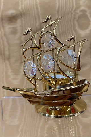 Mascot Ship Tea Lite 24 k Gold Plate Austrian Crystals RVS