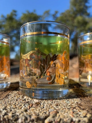 SET OF 5 Mid Century Neiman Marcus Barware Green & Gold Leaf Cocktail Rocks Glasses