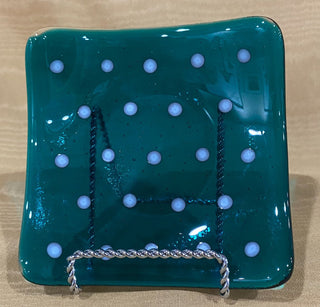 Art Glass Plate - Peacock Blue With Dots 5x5 inch RSV
