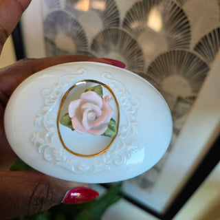 NEW - 80's White Oval Porcelain w/ Rose Lidded Box