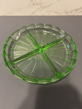 12F VTG Green Depression Glass 4 Section Condiment Dish Uranium / Vaseline MTS|68979