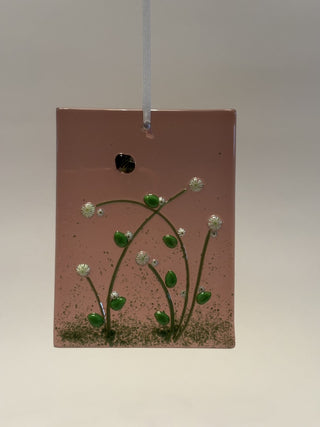 Fused Glass Sun Catcher Purple with White Flowers 3" x 4" - AnoGlass|58510