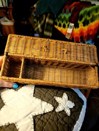 Vintage Wicker Storage Basket Woven Lidded with Bamboo Handle