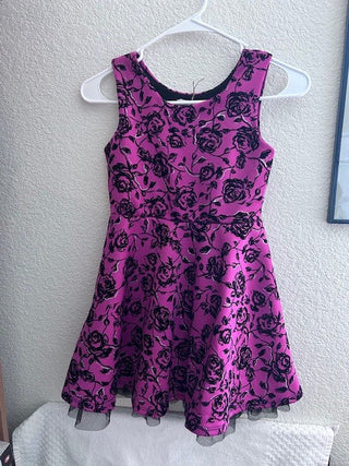 GIRL'S PINK FLOCKED BLACK VELVET DRESS