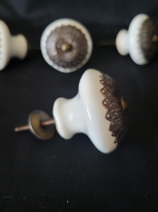 White Cabinet Knobs w/Metal Filigree 1-7/8" Set of 4 RCD|99347