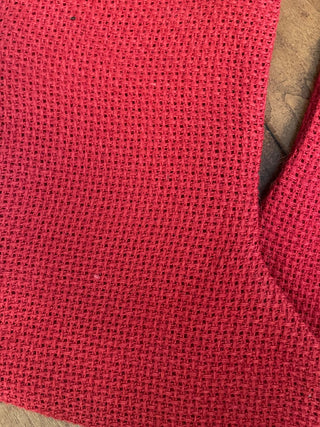 PAIR OF MR & MRS RED CHRISTMAS STOCKINGS WITH WOOD TAGS BURLAP-LIKE FABRIC NEW CONDITION (KJS) RCD|126491