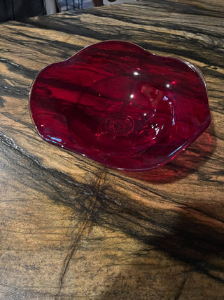 Footed Ruby Red Glass Scalloped Bowl. RSV|125094