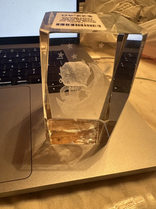 Betty Boop on cresent moon and stars 3D Laser Etched Crystal Glass Prism Cube paperweight  3" X2" X 2" #62 VV MTS