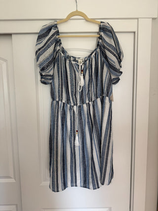 3X - Blue and White Striped Dress with Beads.|83203