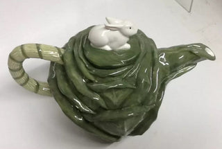 #62 VV Vintage Depart 56 Cabbage Majolica Style Teapot W rabbit Lid MTS